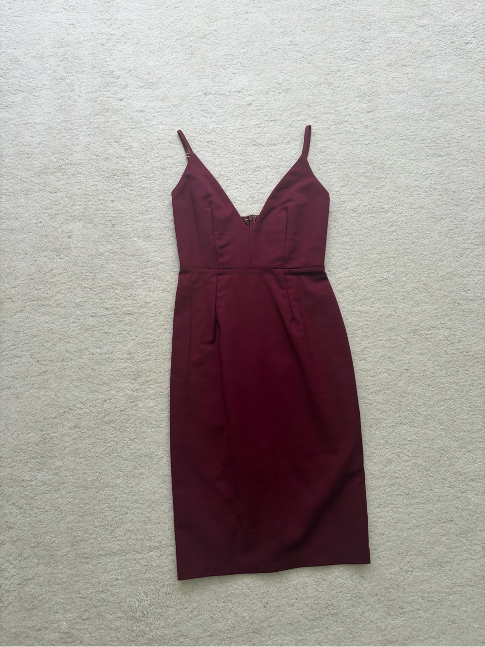 Slim V-Neck Burgundy Midi Dress with Thin Straps